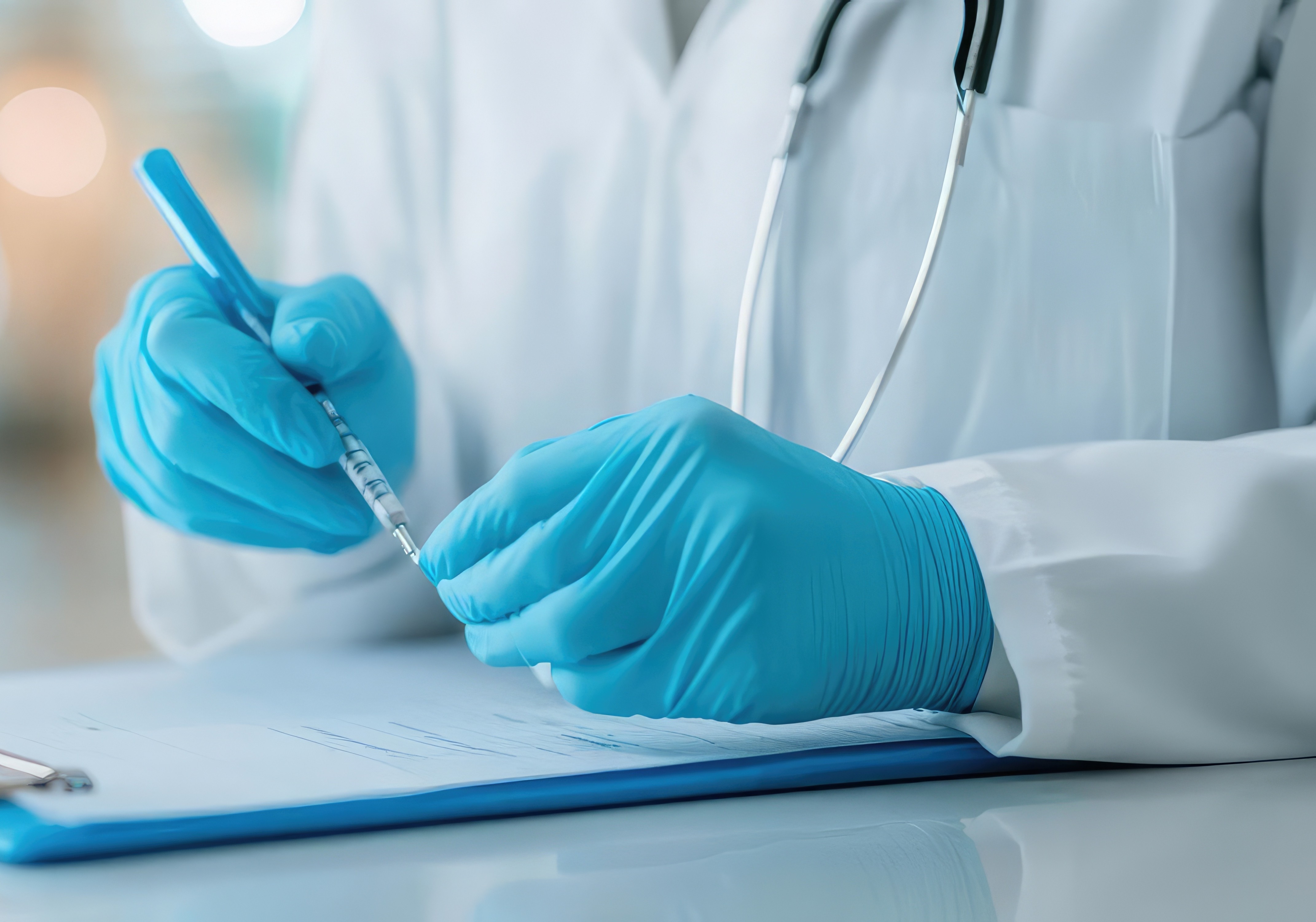 Gloved scientist recording test results on a clipboard, highlighting IVDR regulatory documentation, QMS alignment, and technical assessment requirements.